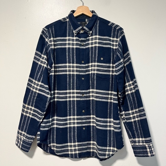 J.Crew Men’s Navy Plaid Flannel Shirt with Suede Elbow Patches - Size M - Picture 1 of 15